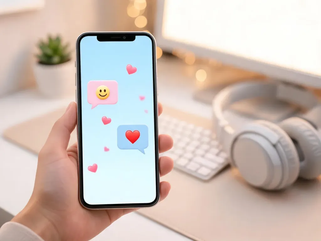Smartfon z kolorowym czatem pełnym uroczych emotikon i serduszek na pastelowym, przytulnym biurku w ciepłym świetle.