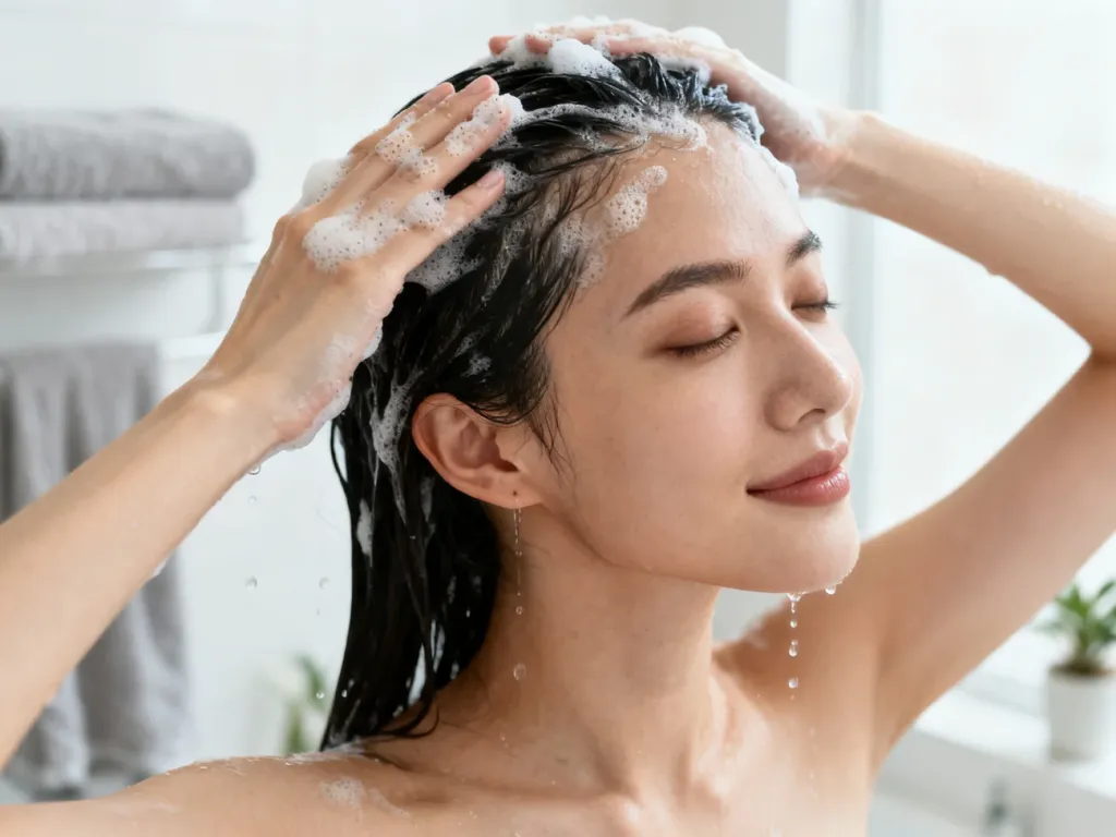 Kobieta delikatnie masuje peeling w mokrą skórę głowy w jasnej łazience, pokazując oczyszczanie i pielęgnację skóry głowy.