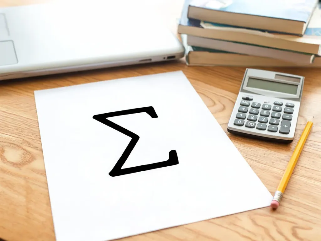 Grecka litera sigma na kartce obok kalkulatora i ołówka, na biurku z laptopem i książkami z matematyki i nauk ścisłych