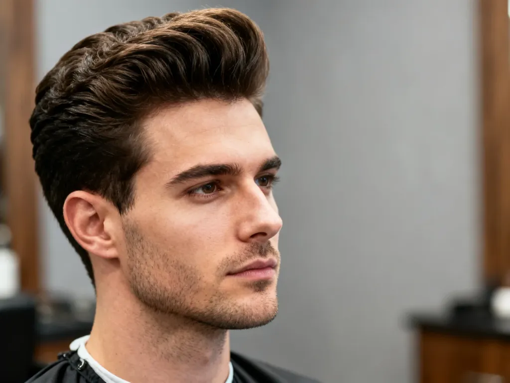 Mężczyzna z profesjonalnie ułożoną fryzurą typu quiff o dużej objętości w minimalistycznym wnętrzu barbershopu.