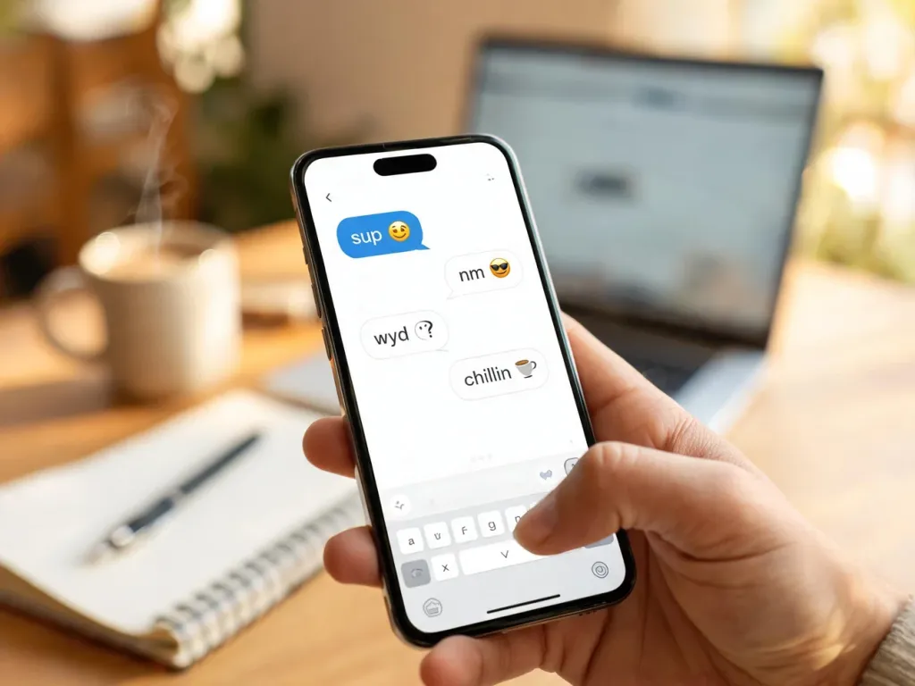 Smartfon z czatem pełnym skrótów i emotek na tle domowego biurka, ilustrujący znaczenie skrótu „kk” w rozmowach online