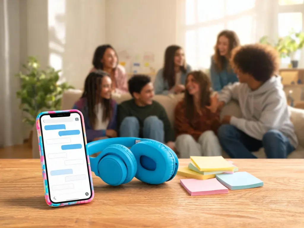 Nastolatki rozmawiają na czacie w telefonie, kolorowe słuchawki i notatki podkreślają młodzieżowy język i trendy słowa.