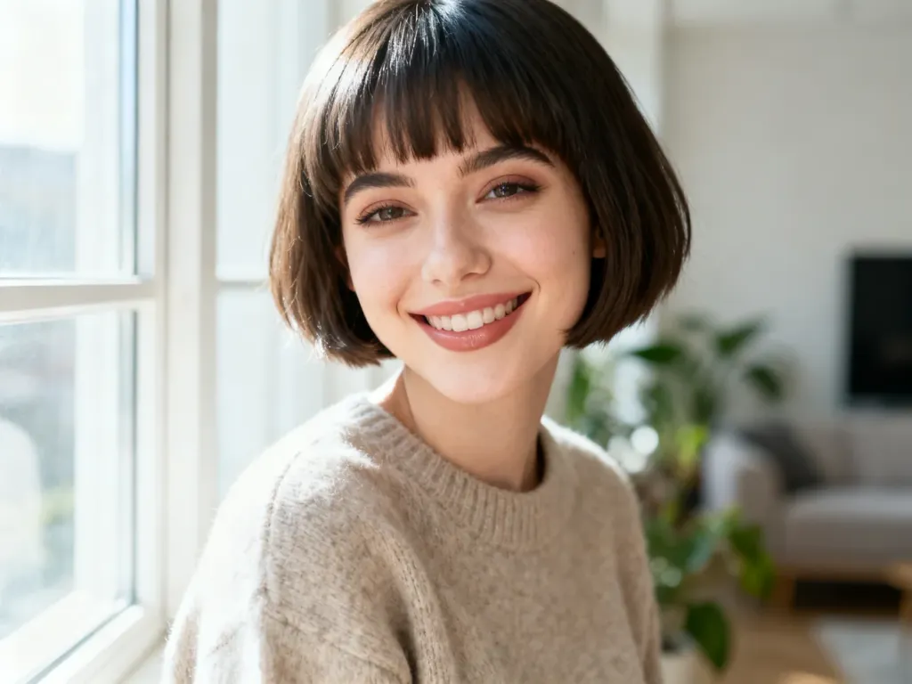 Uśmiechnięta kobieta z fryzurą pixie bob z miękką grzywką w jasnym, naturalnym wnętrzu, w dziennym świetle.