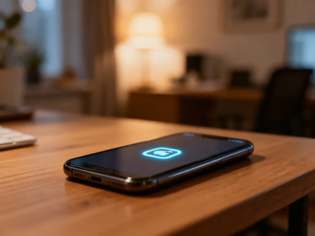 Nowoczesny smartfon z powiadomieniem na ekranie, leżący na biurku w domowym biurze.