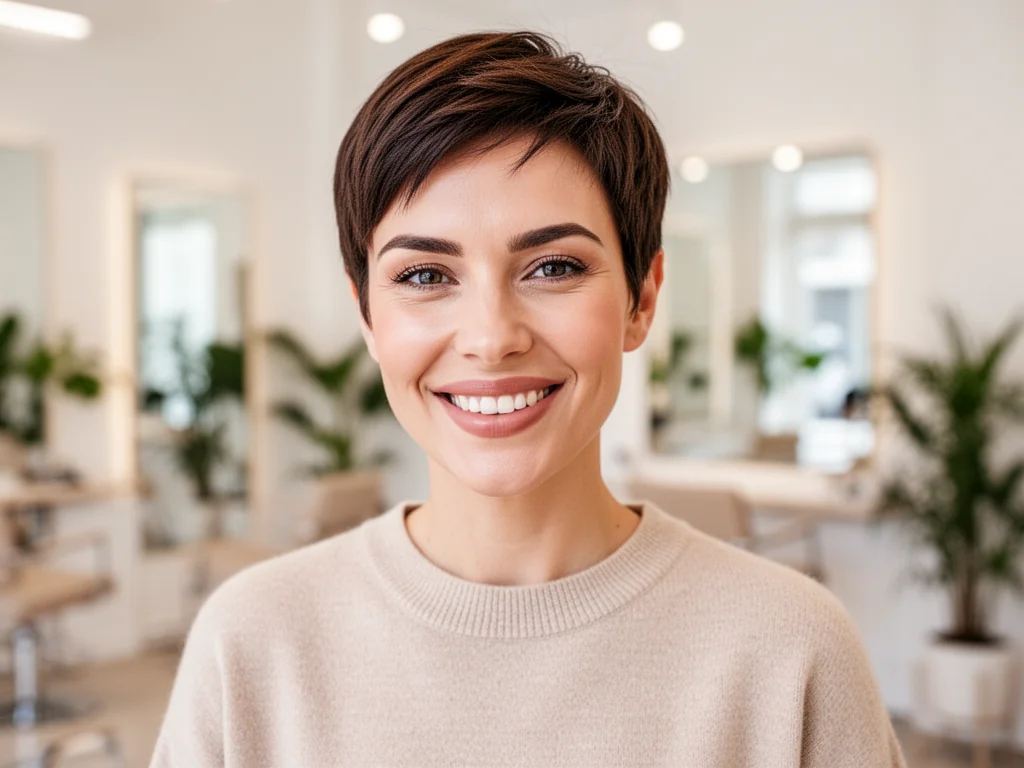 Uśmiechnięta kobieta z modną fryzurą pixie cut w jasnym, nowoczesnym salonie fryzjerskim.