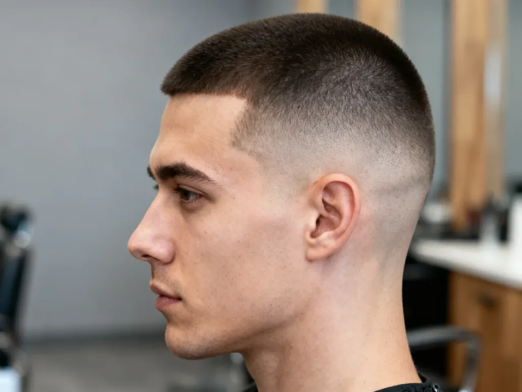 Mężczyzna z krótko przystrzyżonymi włosami w stylu buzz cut na tle nowoczesnego salonu fryzjerskiego.