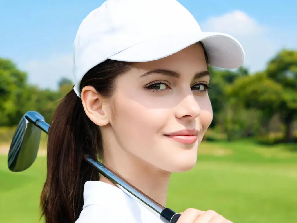 Golfistka w białej czapce z gładkim końskim ogonem, elegancka sportowa fryzura idealna na pole golfowe