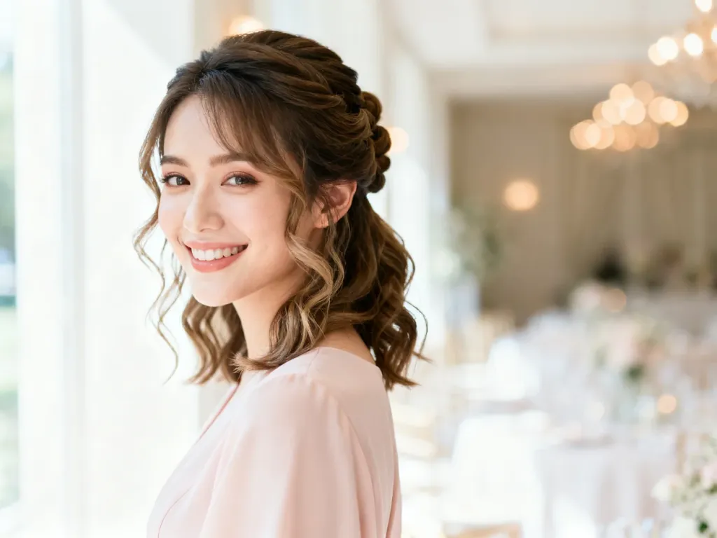 Uśmiechnięta kobieta z krótkimi falami upiętymi na wesele, w pastelowej sukience, na tle eleganckiej sali z ciepłym oświetleniem.