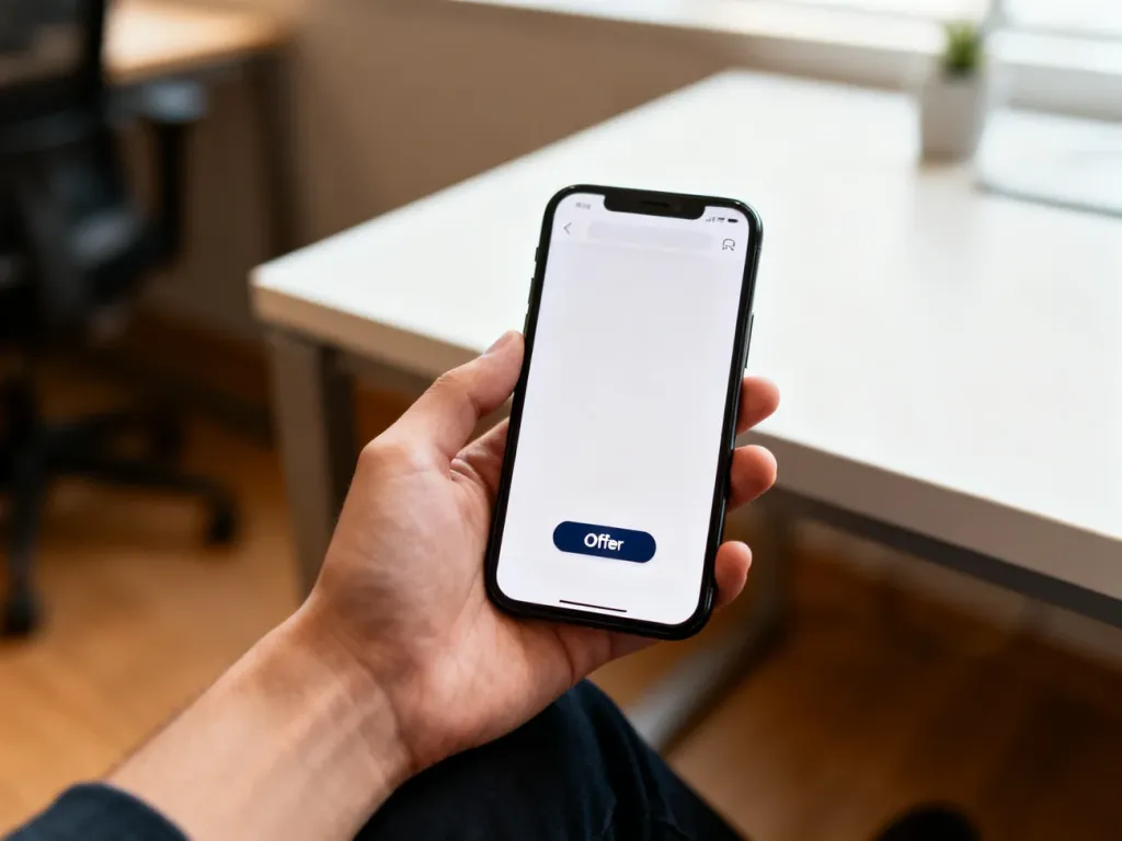Dłoń trzymająca smartfon z widocznym interfejsem platformy sprzedażowej, symbolizująca proces zawierania transakcji online.