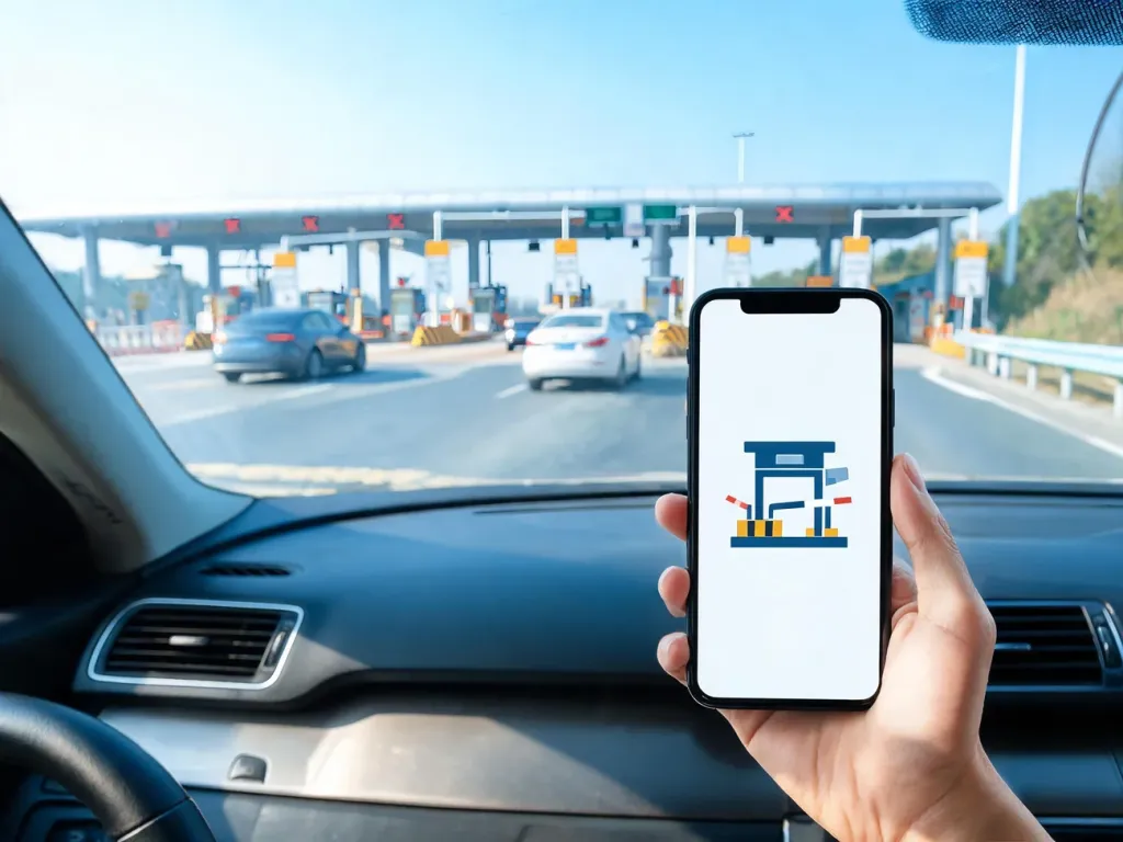 Smartfon z ikoną opłaty za autostradę na tle bramek, symbolizujący automatyczne płacenie za przejazd.