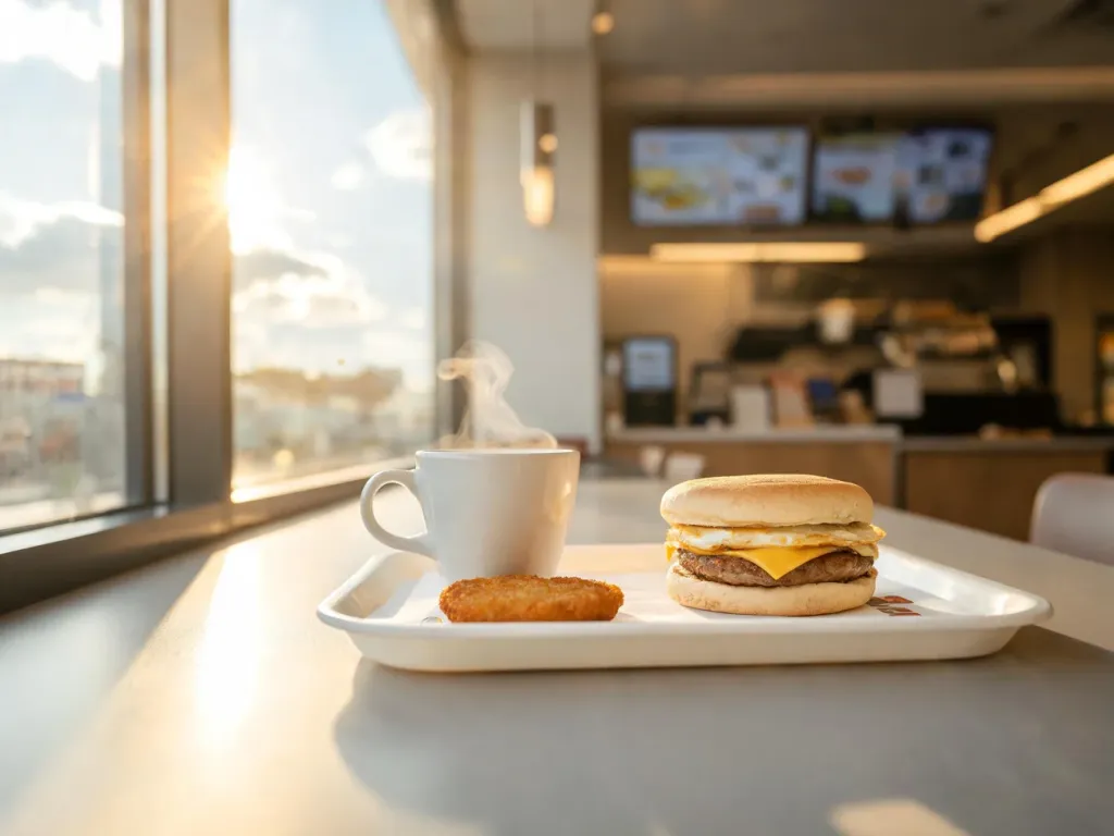 Taca ze śniadaniem w McDonald’s o poranku przy oknie, kawa i kanapka w ciepłym świetle, zachęcająca atmosfera lokalu
