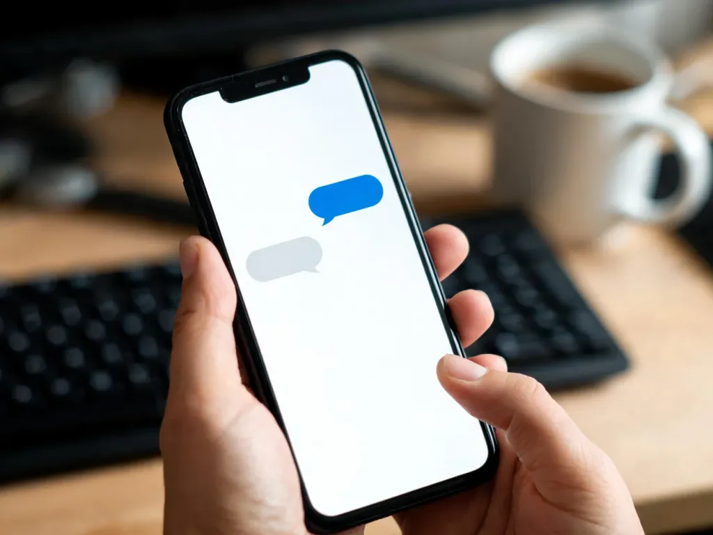 Smartfon z otwartym czatem z kolorowymi dymkami wiadomości, trzymany w dłoni w przytulnym domowym biurze.