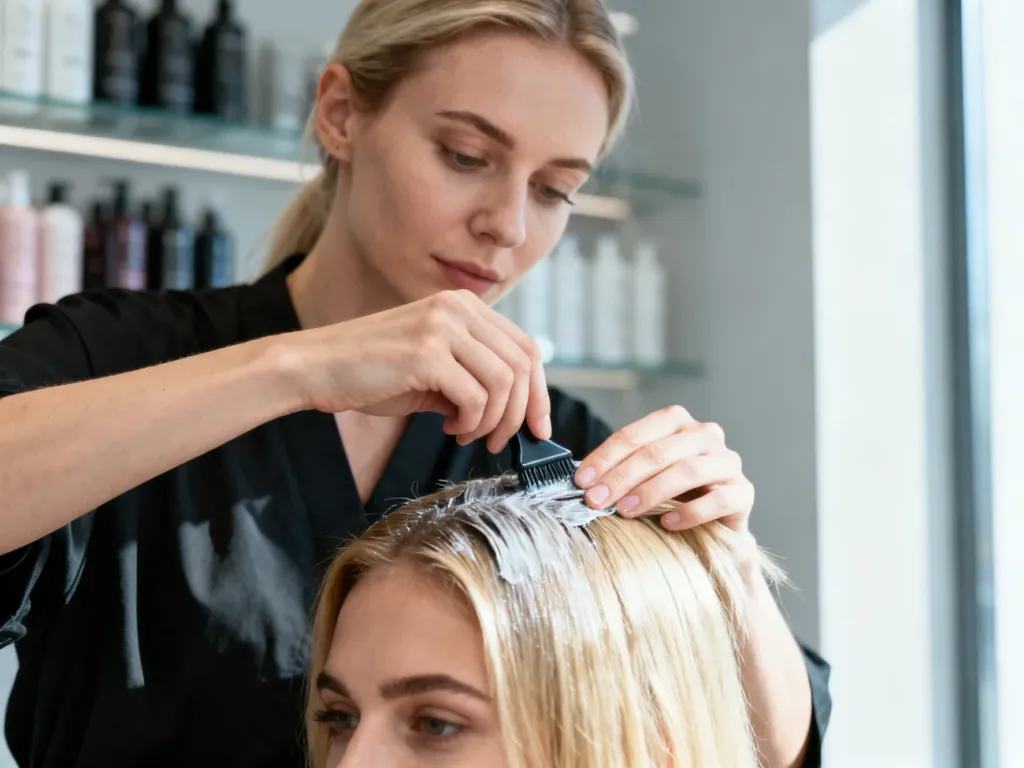 Fryzjerka nakłada profesjonalny toner na blond włosy klientki w nowoczesnym salonie fryzjerskim.