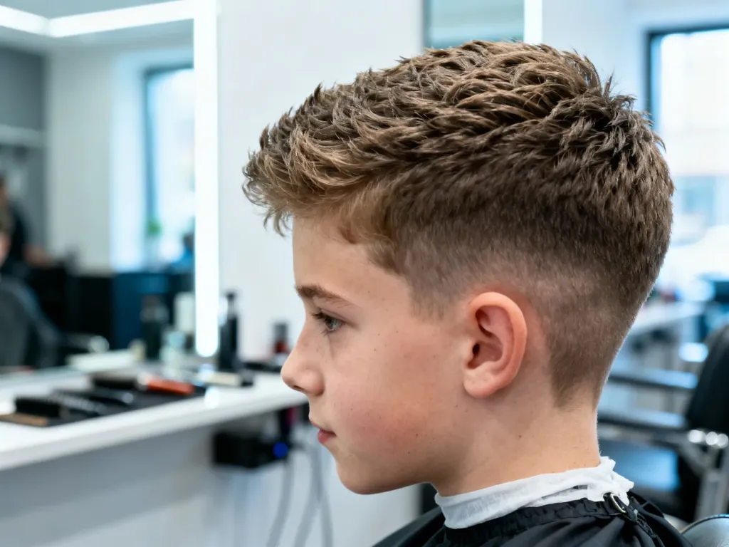 Chłopiec w nowoczesnym salonie fryzjerskim prezentujący modną, teksturowaną fryzurę.
