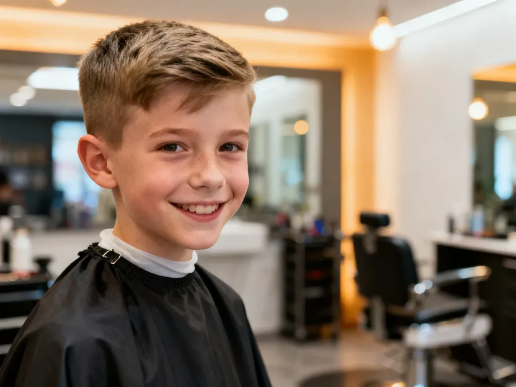Uśmiechnięty 11-latek w nowoczesnym salonie fryzjerskim prezentujący modną, krótką fryzurę chłopięcą.