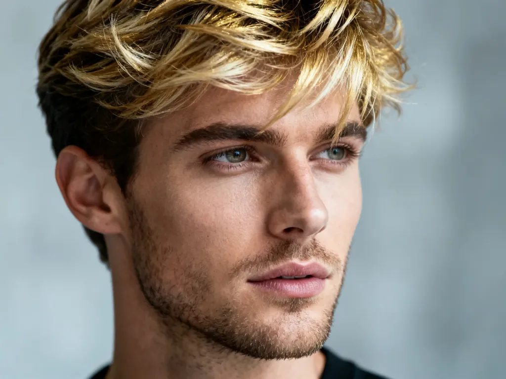 Mężczyzna z modnymi blond pasemkami w teksturowanej fryzurze, prezentujący profesjonalną stylizację włosów.