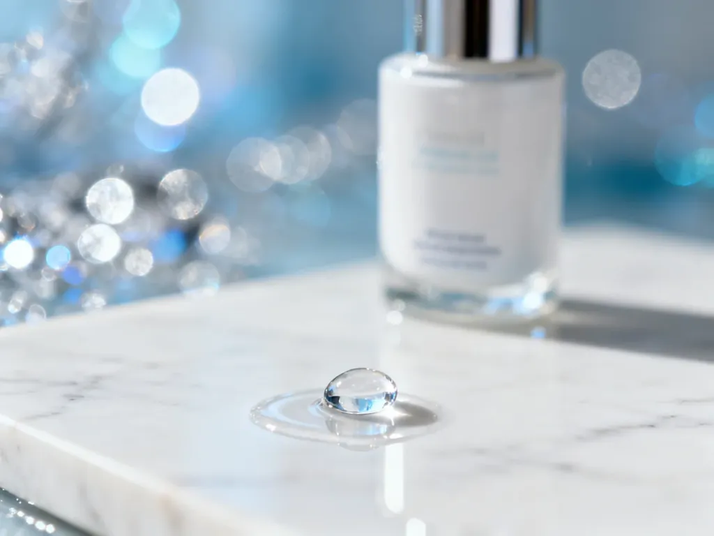 Kropla wody na marmurowym blacie obok produktu do pielęgnacji, symbolizująca nawilżenie i efekt szklanej skóry.