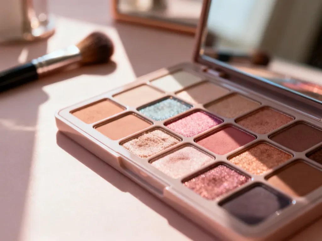 Elegancka paleta cieni do powiek Ingrid Bali z różnorodnymi odcieniami w świetle poranka oraz pędzle do makijażu.
