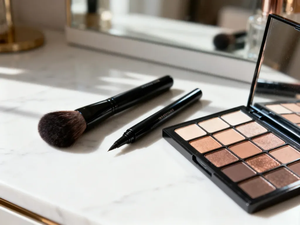 Profesjonalne pędzle, eyeliner i paleta cieni na marmurowym blacie, przygotowane do wykonania makijażu typu fox eye.
