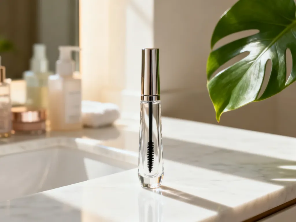 Elegancka buteleczka serum do rzęs e-fiore na marmurowym blacie w otoczeniu roślin, tworząca atmosferę domowego spa.