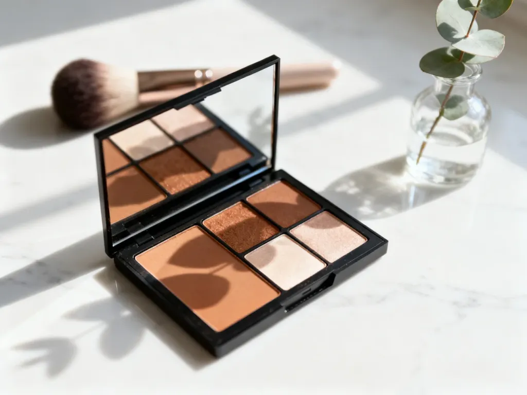 Otwarta paleta do konturowania Eveline z bronzerami i rozświetlaczami na marmurowym blacie w otoczeniu pędzla i eukaliptusa.