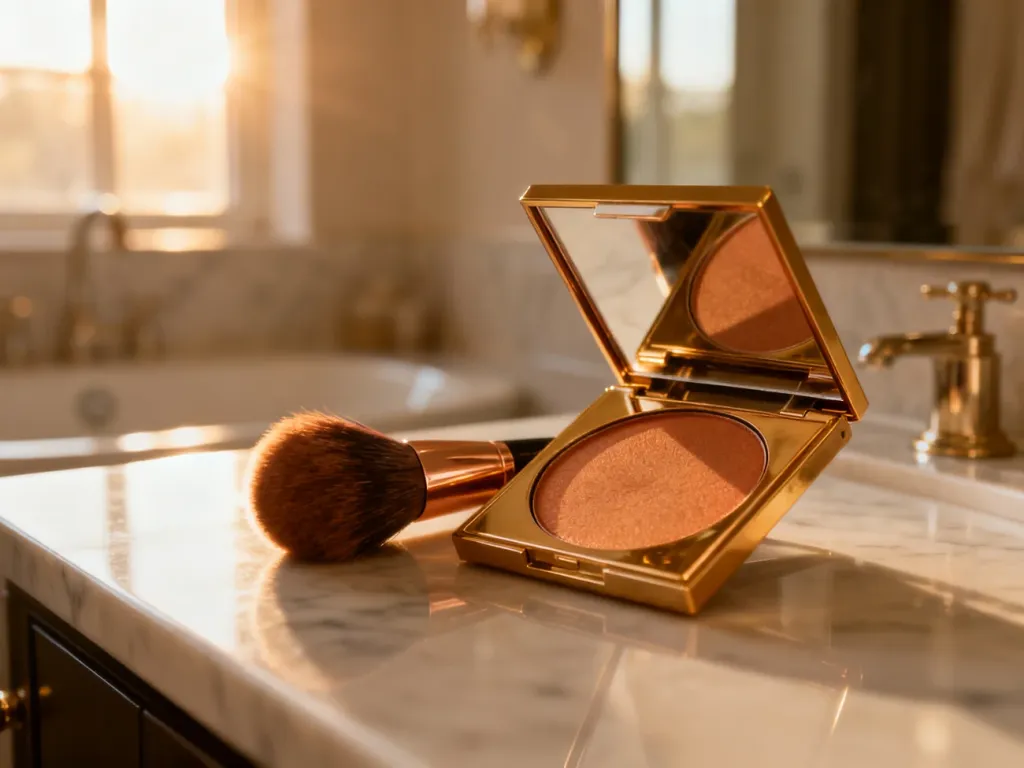 Pędzle do makijażu i otwarta paleta bronzera na marmurowym blacie w słonecznej łazience.