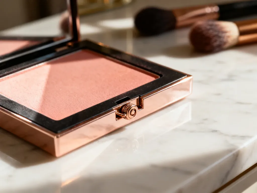 Zamknięte opakowanie różu Maybelline na marmurowym blacie, prezentujące szczegóły mechanizmu otwierającego.