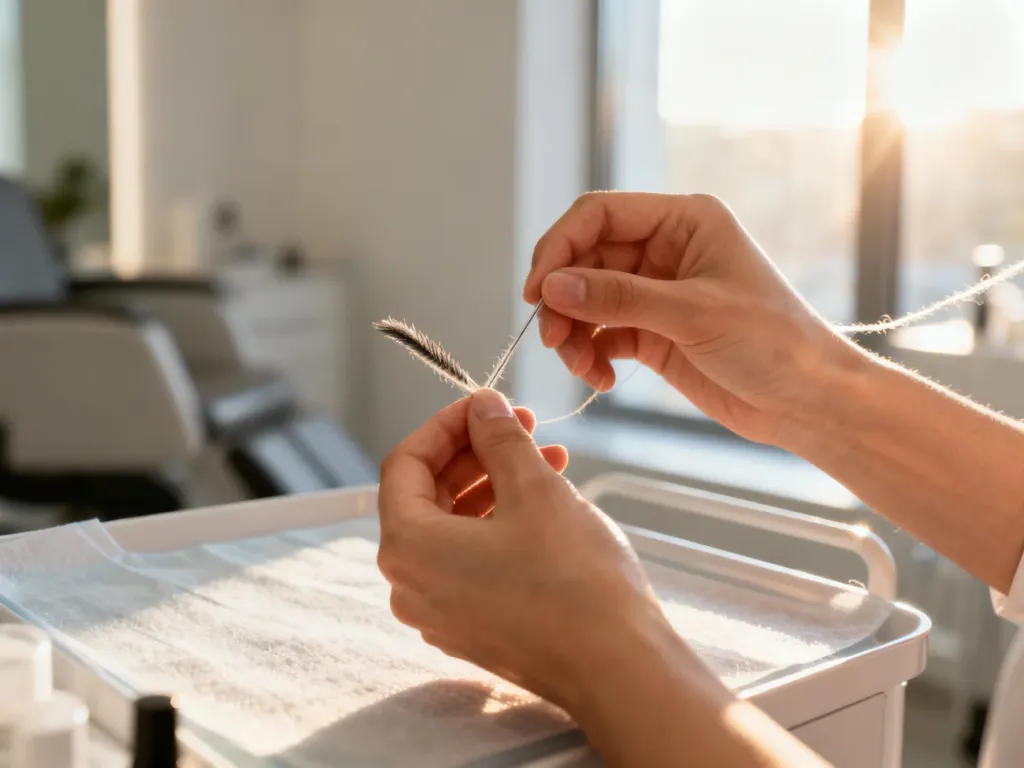 Zabieg profesjonalnej regulacji brwi za pomocą bawełnianej nici w nowoczesnym salonie kosmetycznym.
