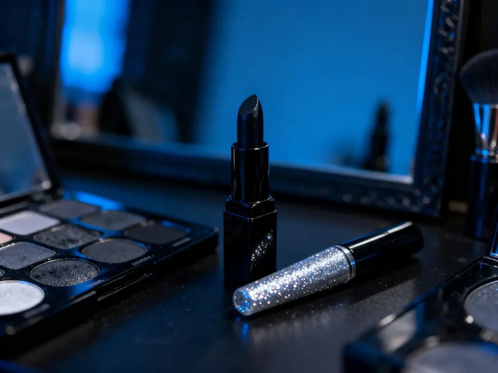 Zestaw kosmetyków do makijażu w stylu gotyckim, w tym czarne szminki, palety cieni i srebrny eyeliner na stole wizażysty.