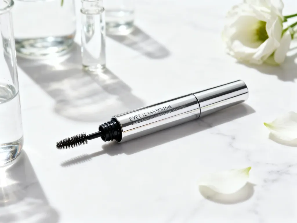 Eleganckie opakowanie serum do rzęs Eveline 8w1 na marmurowym blacie w otoczeniu delikatnych kwiatów.