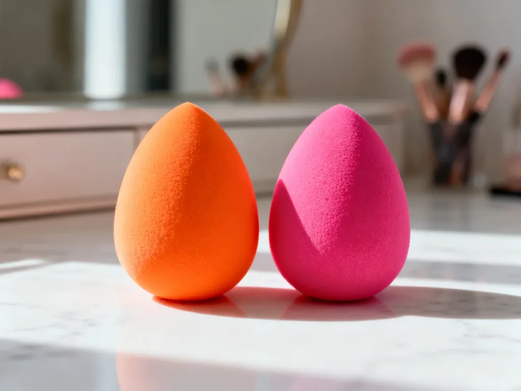 Pomarańczowa gąbka Real Techniques i różowy Beauty Blender obok siebie na marmurowym blacie.