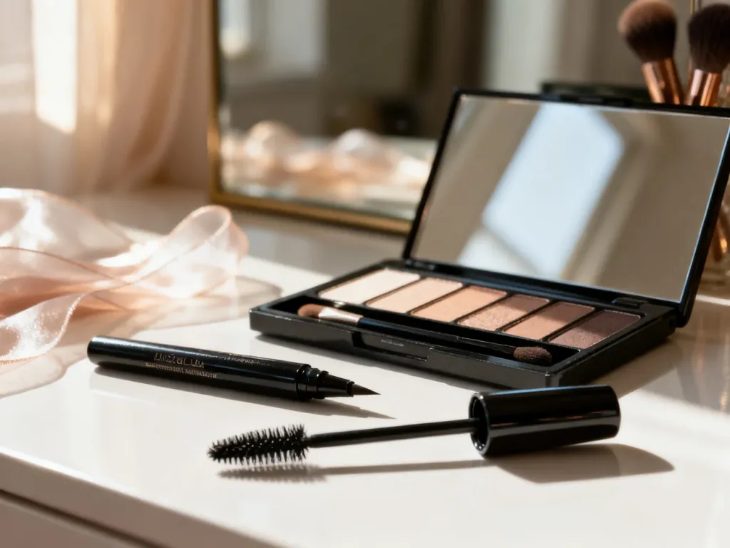 Paleta cieni, eyeliner i tusz do rzęs na toaletce, przygotowane do wykonania makijażu w stylu doe eye.