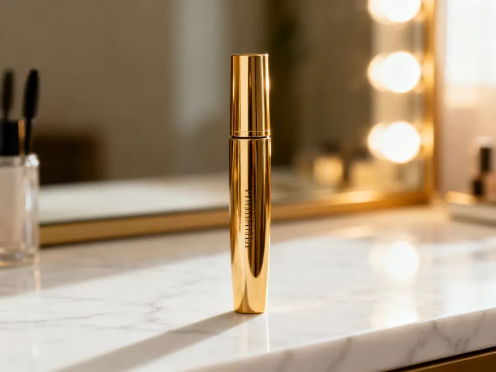 Eleganckie opakowanie tuszu do rzęs 4 Long Lashes na marmurowym blacie w ciepłym, porannym świetle.