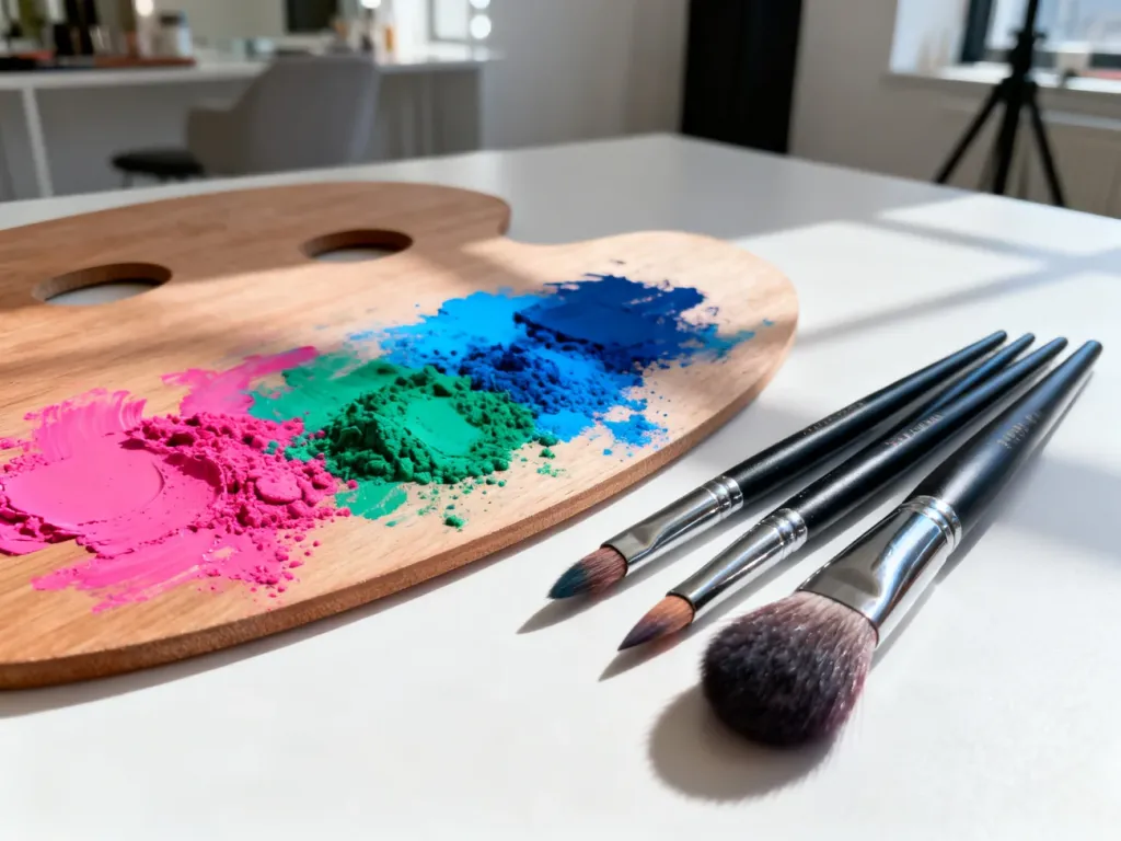 Paleta z kolorowymi pigmentami i pędzle do makijażu przygotowane do stylizacji brwi w nowoczesnym studiu urody.