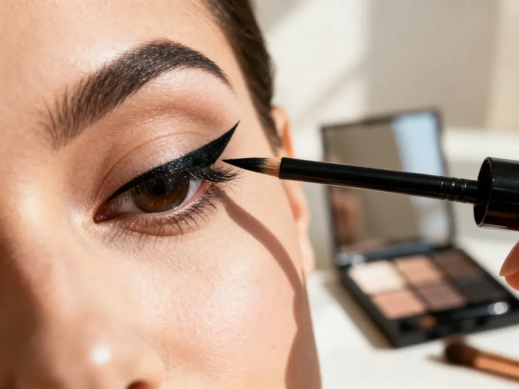 Profesjonalny pędzelek rysujący precyzyjną, czarną kreskę typu cat eye na powiece.