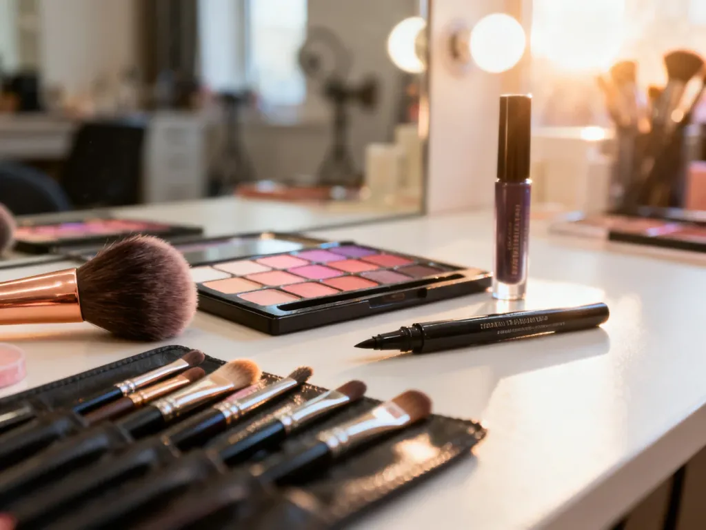 Profesjonalne pędzle, paleta cieni i eyeliner przygotowane do wykonania makijażu typu puppy eye w słonecznym studiu.