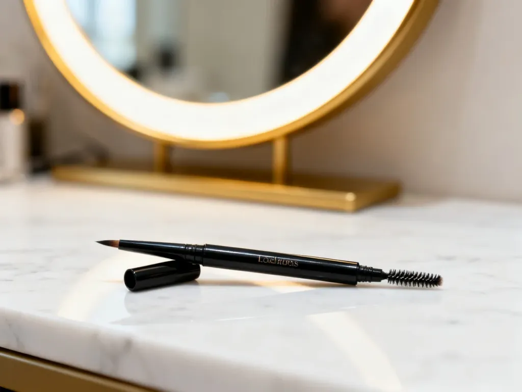 Profesjonalny eyeliner i pędzel na marmurowym blacie w salonie kosmetycznym, gotowe do wykonania precyzyjnej kreski na powiece.