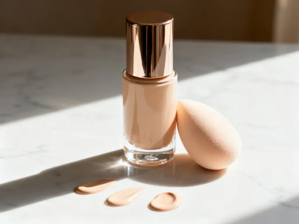 Elegancka buteleczka podkładu typu tint z gąbką do makijażu i kroplami produktu na marmurowym blacie.