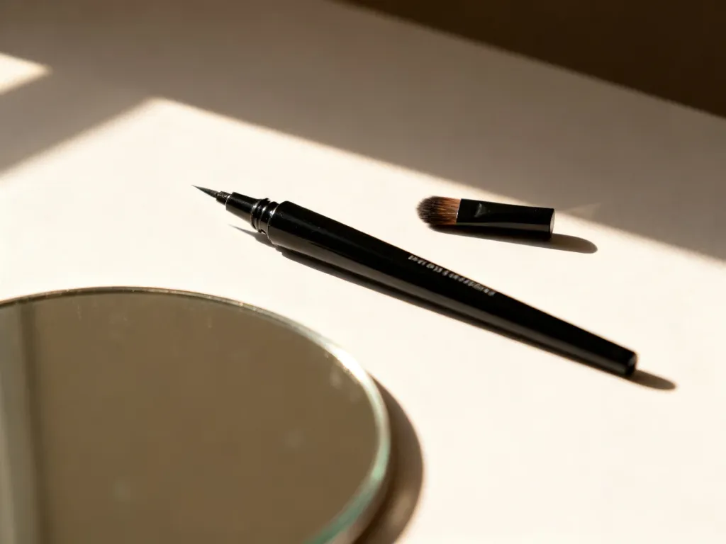 Profesjonalne akcesoria do makijażu oczu: czarny eyeliner w pisaku oraz pędzelek ułożone na stole w świetle poranka.