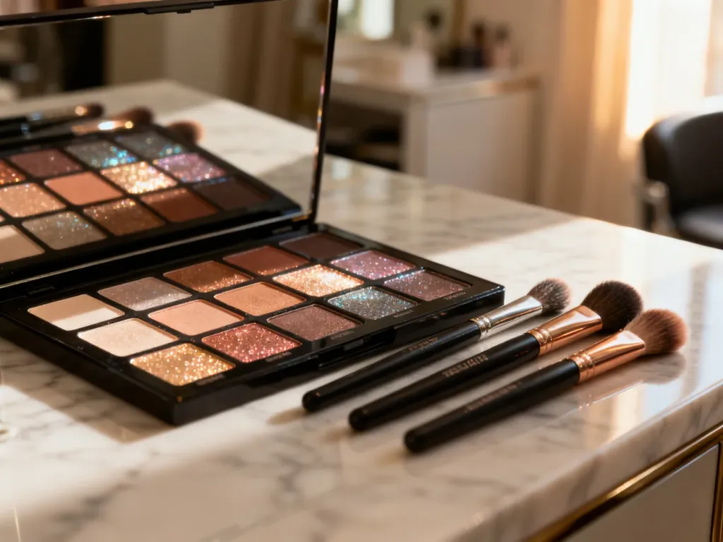 Profesjonalna paleta cieni do powiek i pędzle na marmurowym blacie, gotowe do wykonania makijażu typu halo eye.