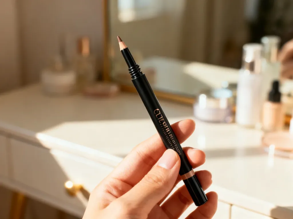 Dłoń trzymająca żelową kredkę do oczu Avon, prezentująca mechanizm wysuwania sztyftu na tle kosmetyków.