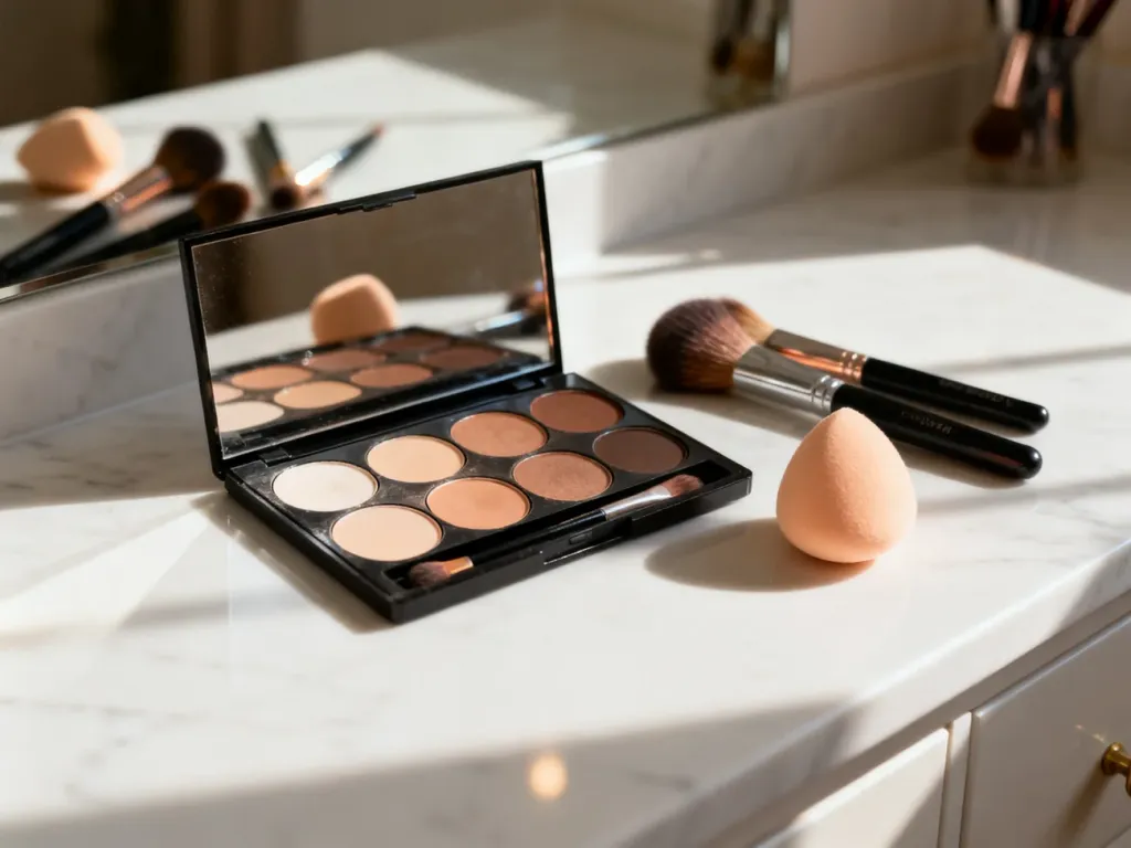 Paleta do konturowania NYX z pędzlami i gąbkami na marmurowym blacie, gotowa do wykonania profesjonalnego makijażu.