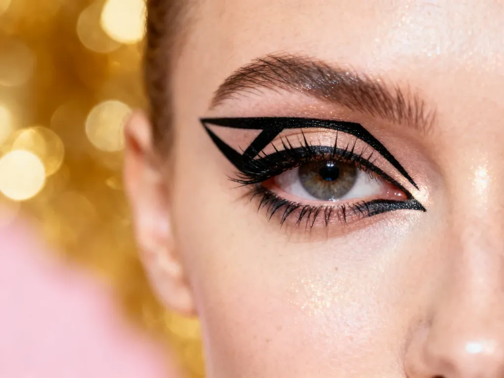 Zbliżenie na oko z wyrazistą, geometryczną kreską wykonaną czarnym eyelinerem w stylu artystycznym.