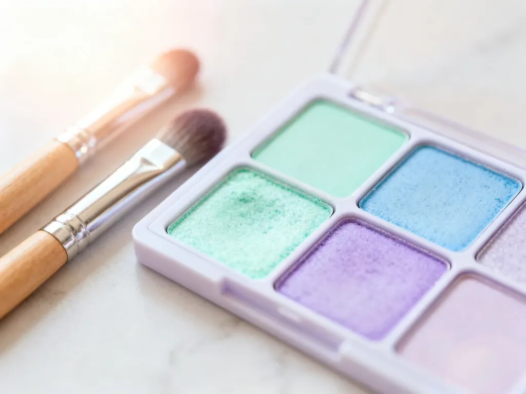 Paleta pastelowych cieni do powiek w odcieniach mięty, błękitu i lawendy wraz z profesjonalnymi pędzlami do makijażu.