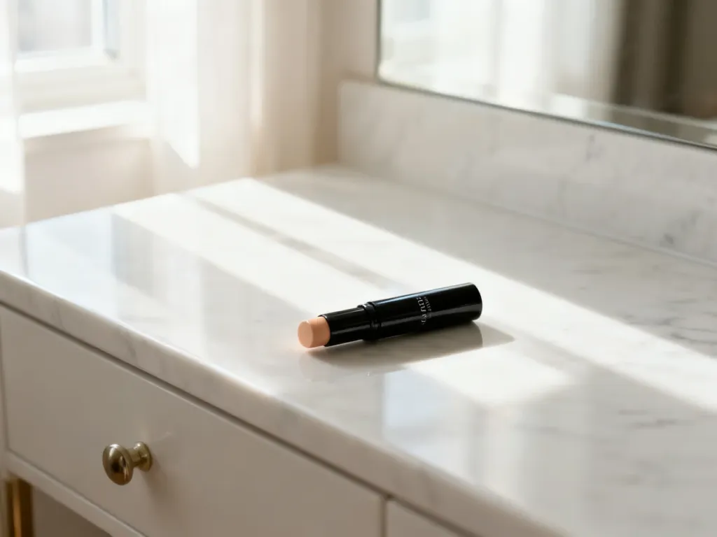 Korektor Maybelline Eraser leżący na marmurowym blacie w jasnym, słonecznym świetle.